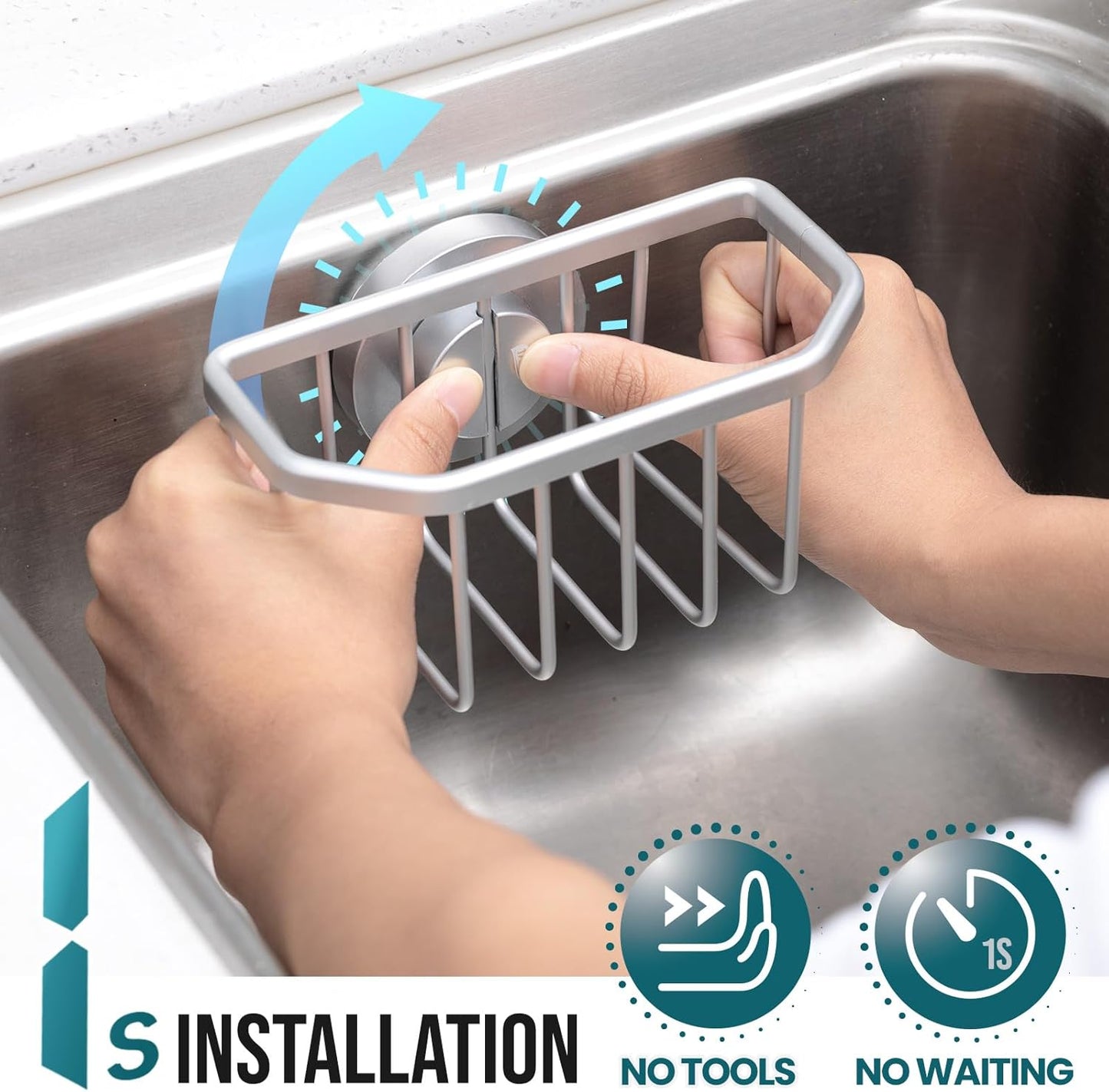TAILI Sponge Holder for Kitchen Sink with Strong Suction Cup, Rustproof Aluminum Sink Caddy for Sponges, Removable Sponge Holder, Dish Brush for Scraper - Silver