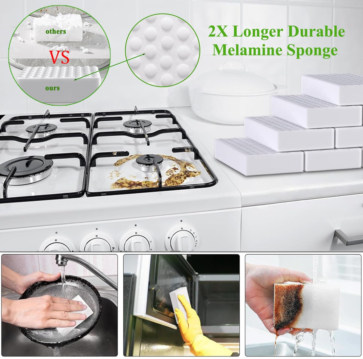 Magic Erasers Sponge, 100 Pack Extra Premium Melamine Sponge Foam Cleaning Pads in Bulk, Non-Scratch Scrub Sponge, Household Cleaning Kitchen Dish Sponges (White)