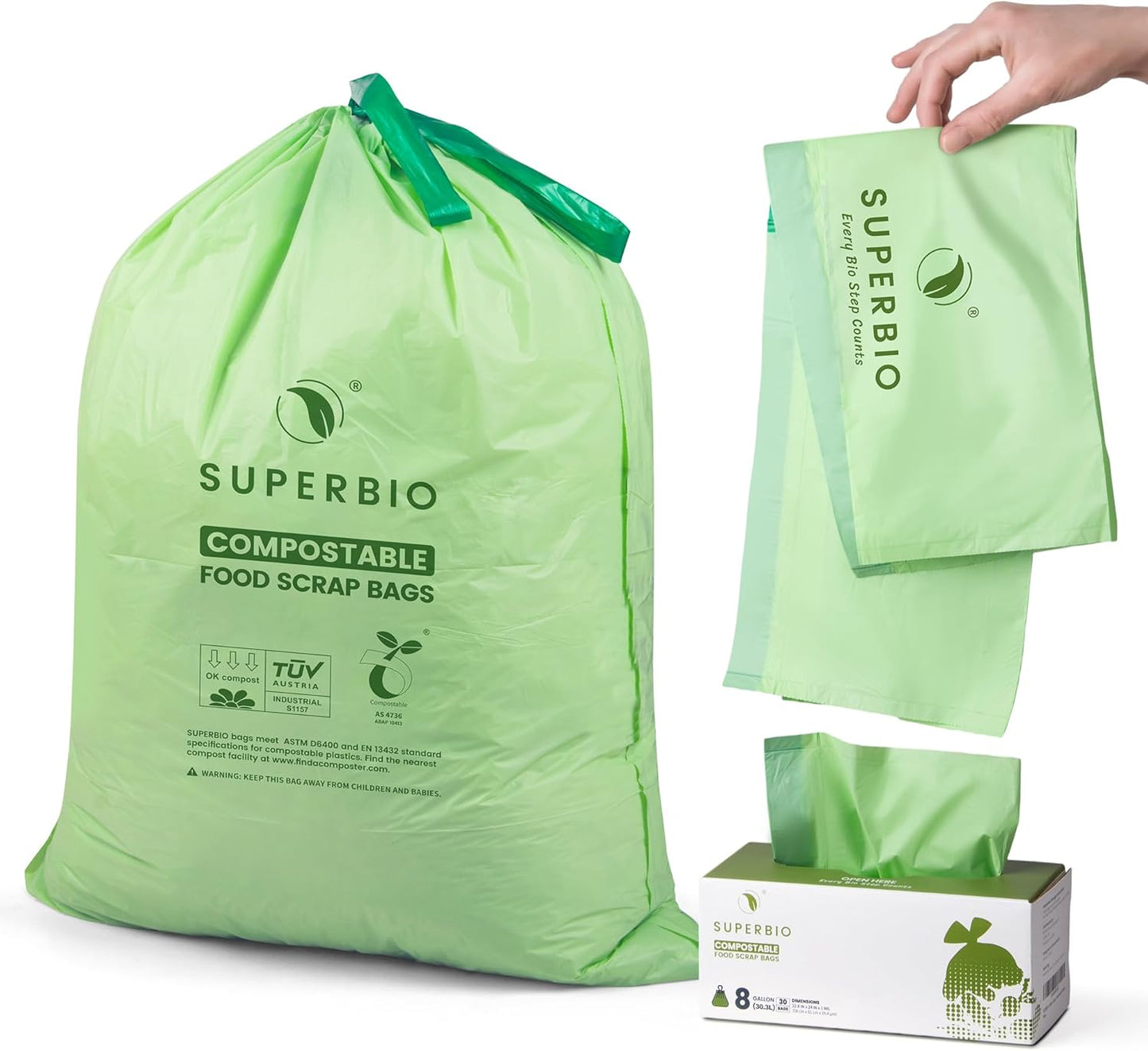 SUPERBIO 4 Gallon Compostable Drawstring Food Scrap Bags,15.1 Liter, 40 Count, 0.9 Mil,Heavy Duty Waste Bags, BPI, Seedling and OK compost INDUSTRIAL