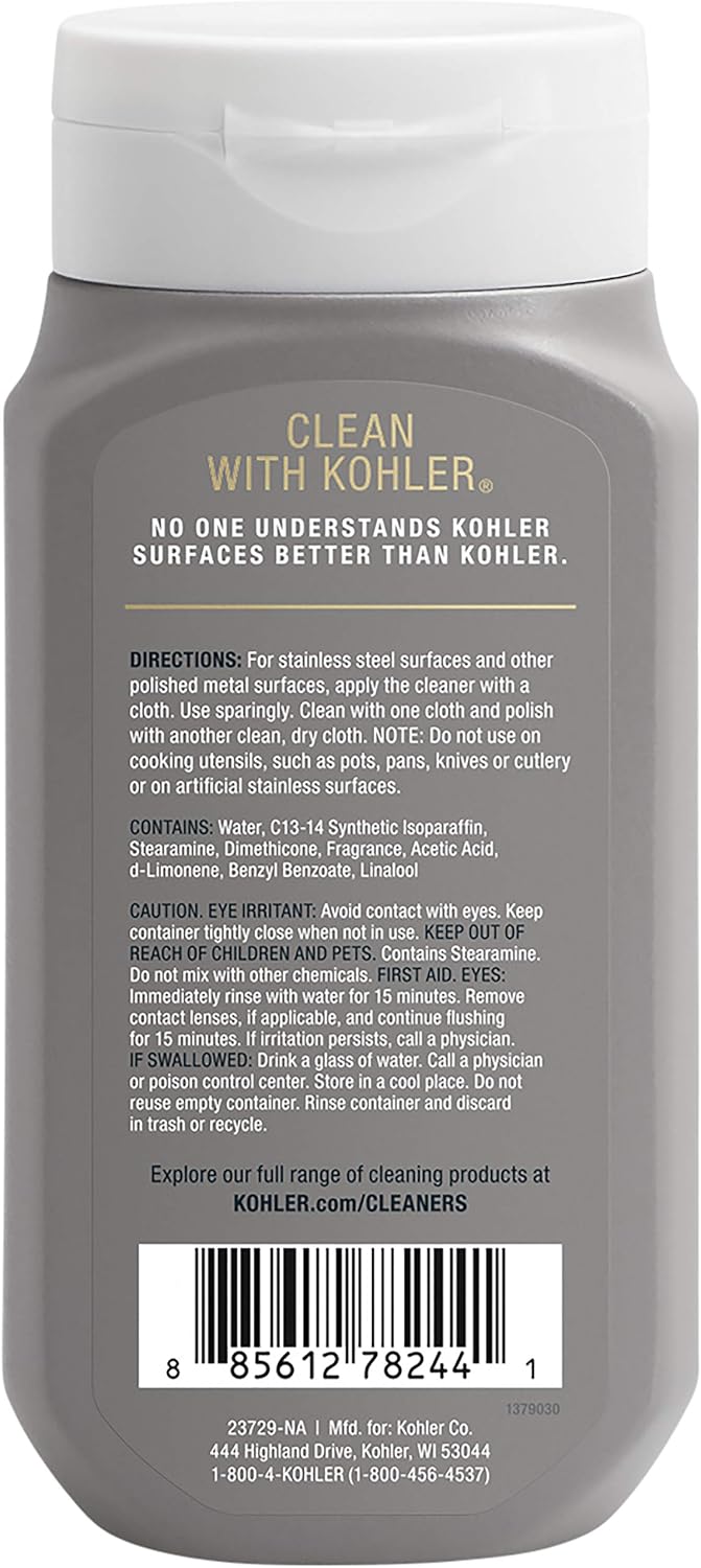 KOHLER K-23729-NA Stainless Steel Cleaner, Kitchen & Bathroom Cleaner, Polish & Protect Sinks & Other Surfaces, 8 FL Oz
