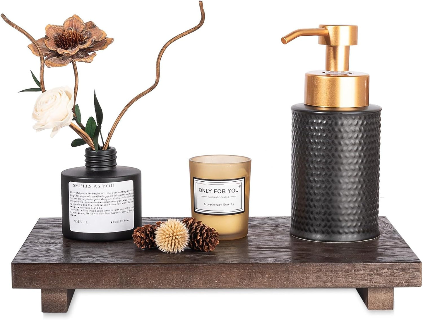 zoocatia Small Wood Tray Pedestal Stand Farmhouse Bathroom Decor Decorative Wooden Riser Kitchen Soap Dish Holder for Vanity, Counter, Sink, 9" x 5.9" - Black