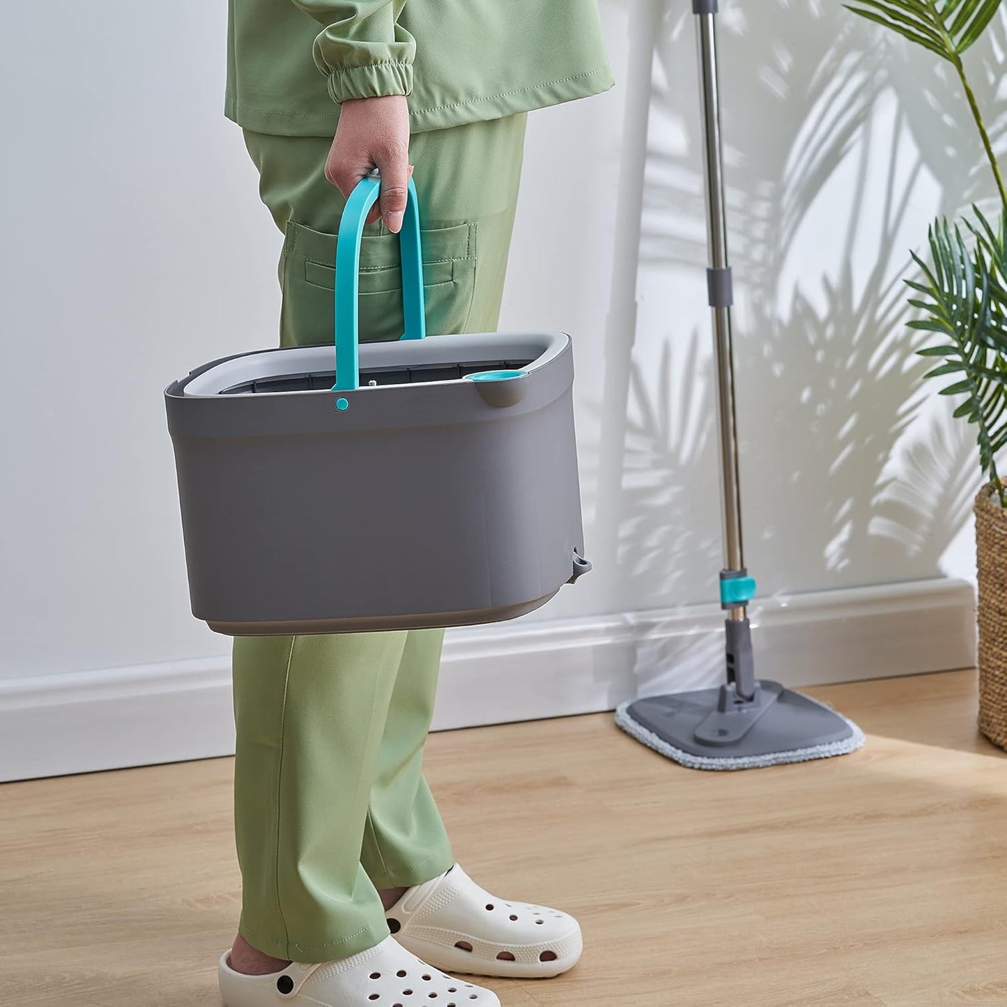 Spin Mop and Bucket with Separate Compartments for Clean and Dirty Water NEW 2025 Upgraded Version w/Side Brush and Self Standing Handle, Smart Square Mop w/ 2 Machine Washable Microfiber Pads, Rose