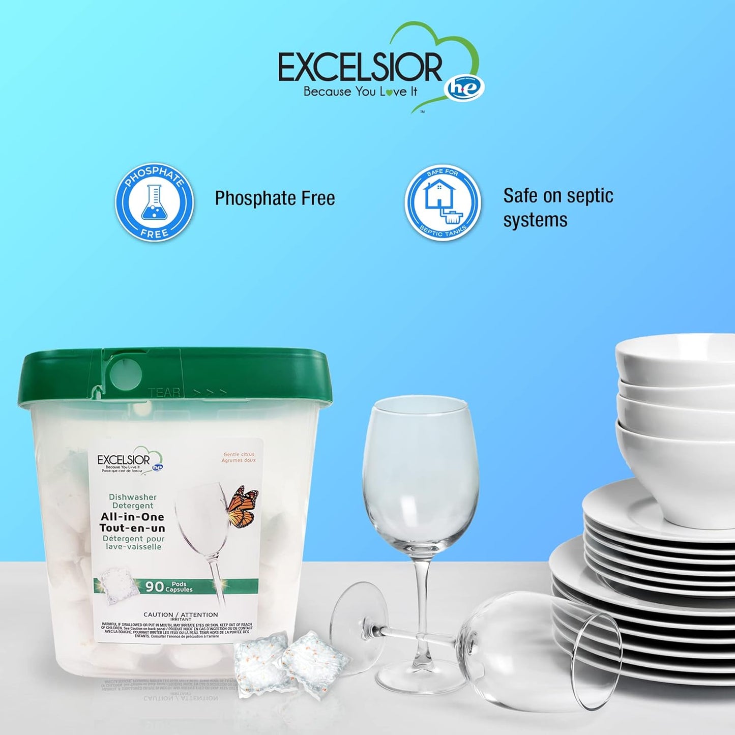 Excelsior HE All-In-One Dishwasher Detergent Pods includes 90 Dishwasher pods with built-in rinse aid for an amazing shine & leaving a gentle citrus scent