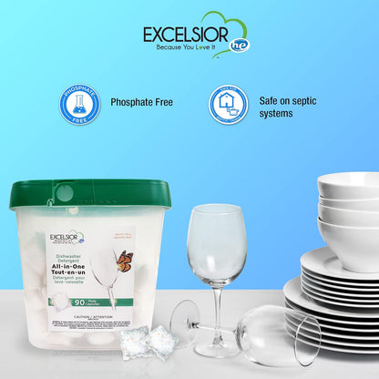 Excelsior HE All-In-One Dishwasher Detergent Pods includes 90 Dishwasher pods with built-in rinse aid for an amazing shine & leaving a gentle citrus scent