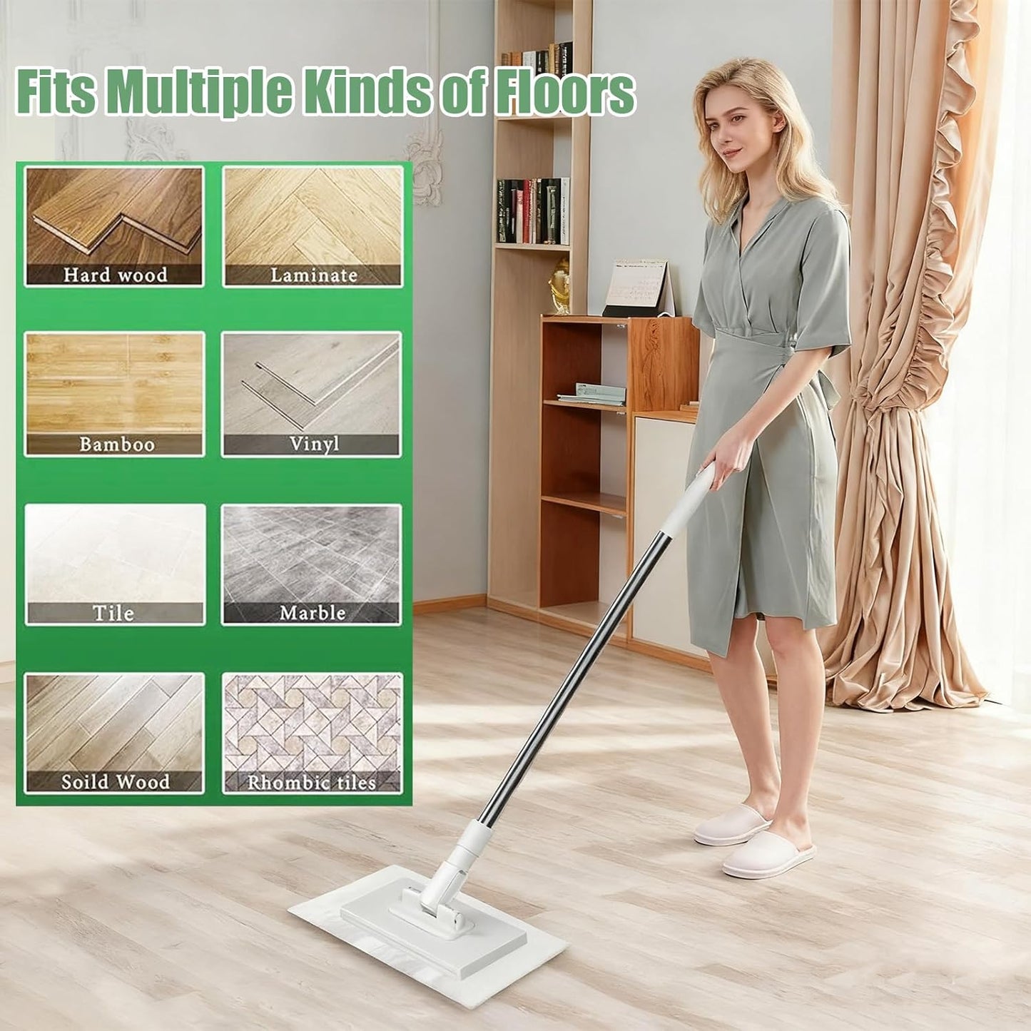 Snap Grip Mini Mop, Cloth Changing Mini Mop for Dry & Wet Disposable Pads, Lazy mopa Automatic gripping with Sweeping & Mopping, Long Handle Disposable Dust Mop for Hardwood, Tile, Small Space(White)