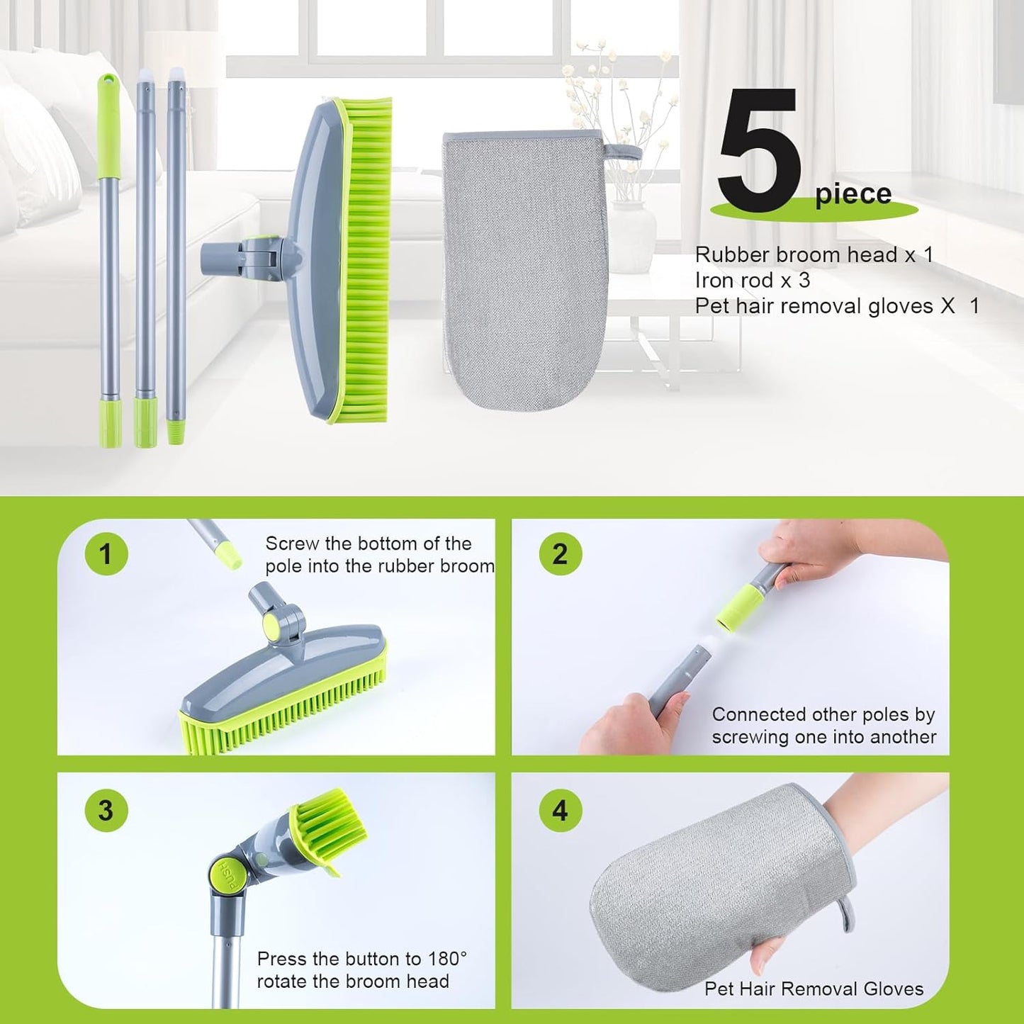 180°Rotating Head Rubber Broom with Squeegee for Pet Hair Removal - 51" Iron Handle Fur Remover Rake Brush for Carpet, Hardwood & Tile Floors, Includes Pet Hair Removal Gloves (Green)