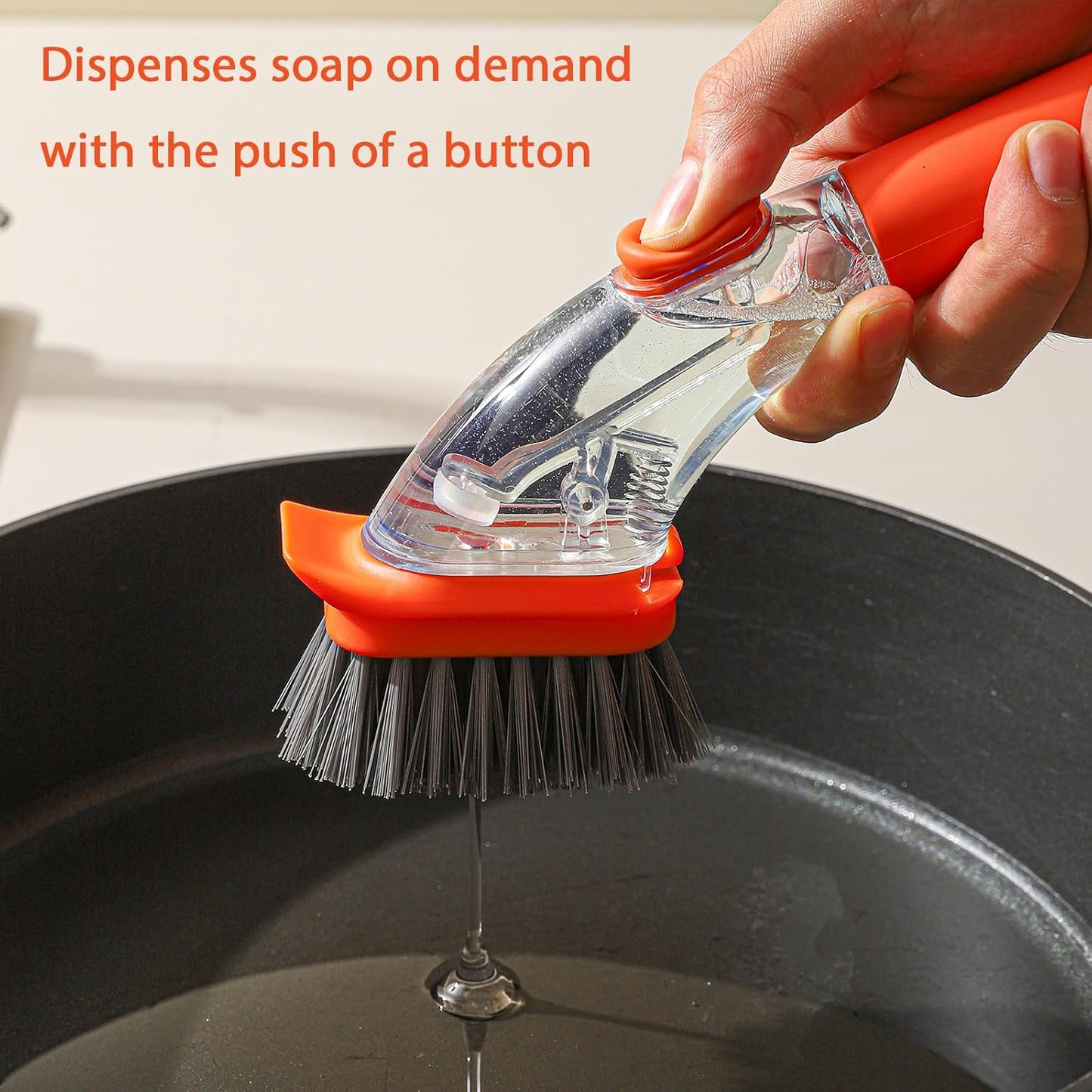 DAPOWER Soap Dispensing Dish Brush with Handle, Kitchen Scrub Brush for Dishes Pots Pans Sink Cleaning (Orange)