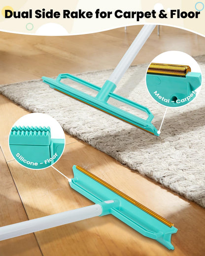 Carpet Rake for Pet Hair Removal - 5-in-1 Dual-Sided Rubber & Metal Carpet Scraper Tool with 60" Adjustable Handle, Cleaning Set for Dog and Cat Fur on Furniture, Short Pile Carpets, Rugs