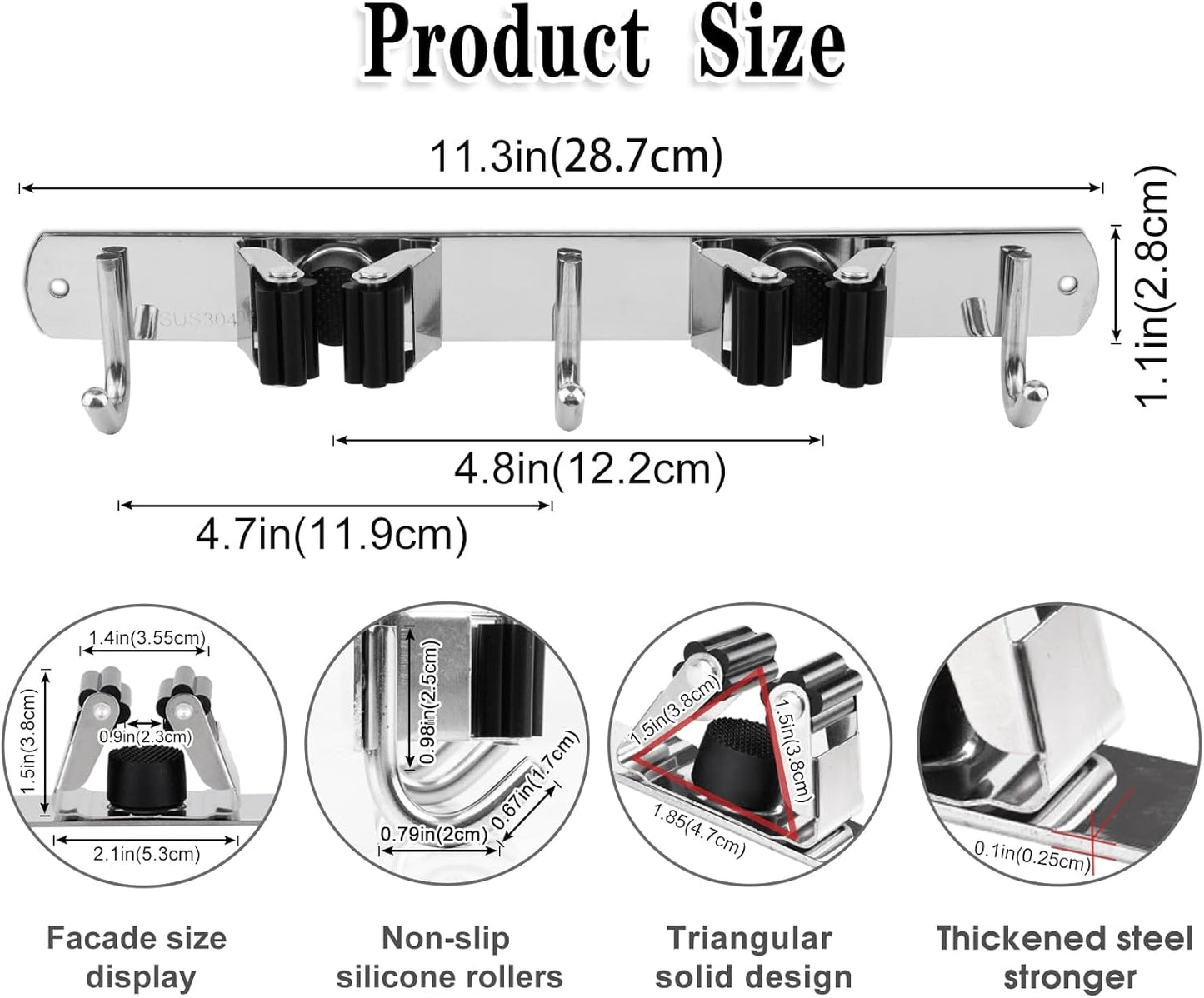 AceMining 5 Racks and 4 Hooks Mop and Broom Holder Wall Mount, Broom Organizer Storage Tool Racks Stainless Steel Heavy Duty Hooks Self Adhesive Solid Non-slip for Home Kitchen Garden Laundry Garage