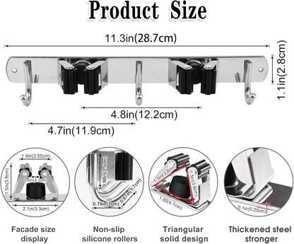AceMining 5 Racks and 4 Hooks Mop and Broom Holder Wall Mount, Broom Organizer Storage Tool Racks Stainless Steel Heavy Duty Hooks Self Adhesive Solid Non-slip for Home Kitchen Garden Laundry Garage