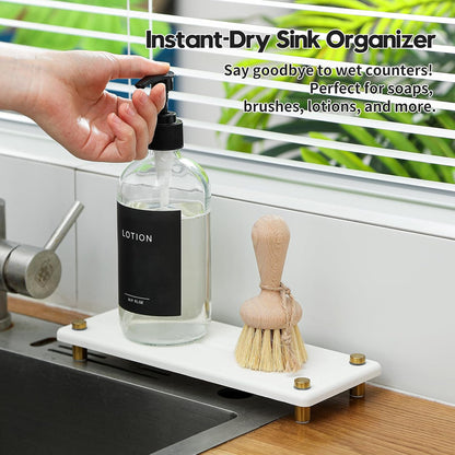 Razborci Water Absorbing Stone Sink Caddy, Diatomite Kitchen Sink Organizer, Bathroom Counter Tray, Faucet Drying Mat Coaster Soap Dish Rack Riser Dispenser Sponge Holder, Silver, White 10" x 4"