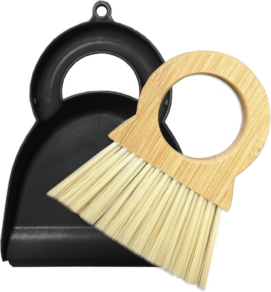 Mini Broom and Dustpan Set Bamboo Broom with Dustpan Combo Set Portable Hand Sweeper for Office Kitchen Dorm Home Quick Cleanups (White)