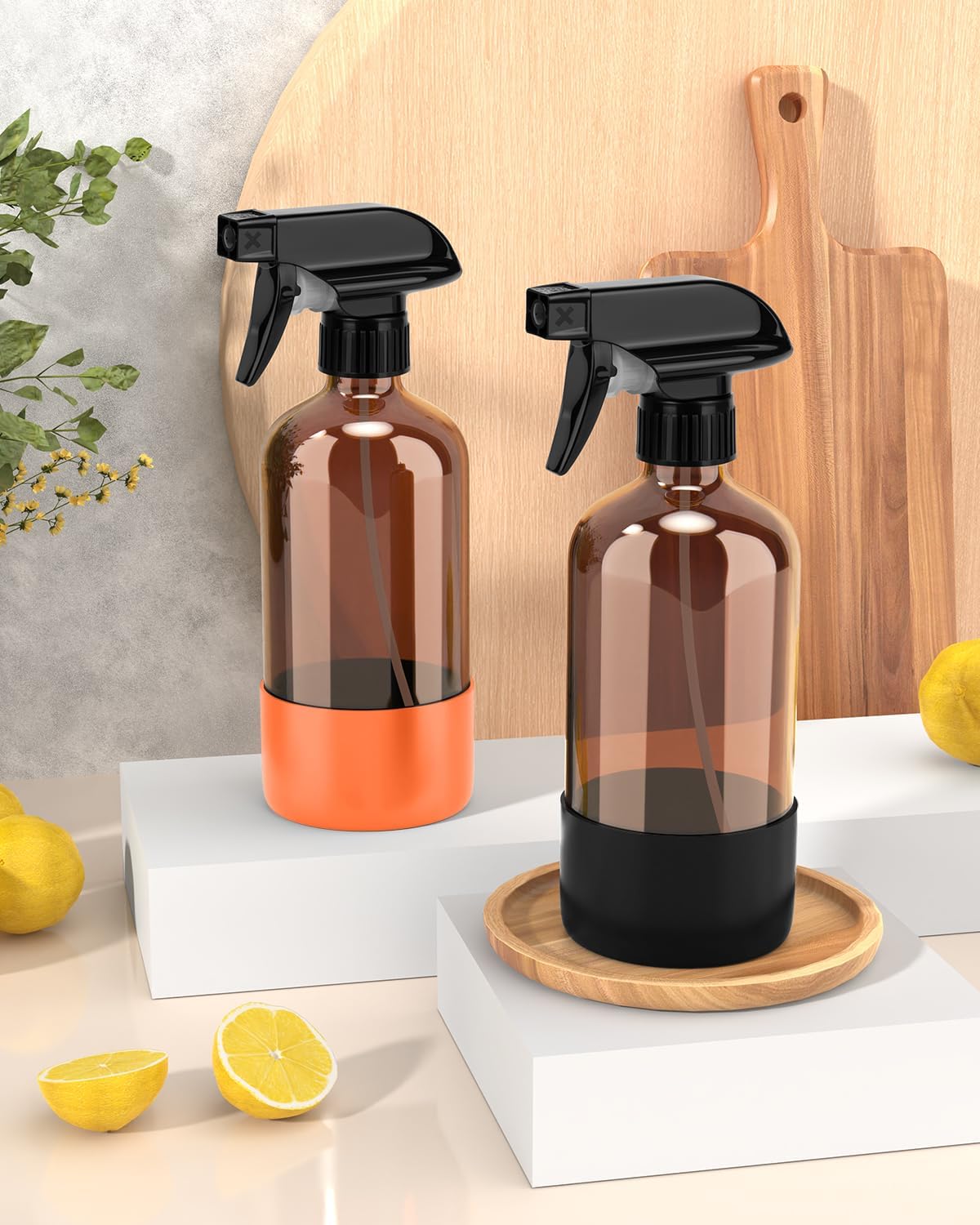 Bontip Glass Spray Bottle with Silicone Sleeve Protection, Amber Glass Spray Bottle Set for Window Cleaner Aromatherapy Facial Hydration Watering Flowers Hair Care 2 Pack/16 oz (Black & Brown)