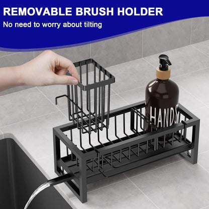 Bntuk Kitchen Sink Caddy Organzier with Towel and Brush Holder, Self-Draining Sponge Holder Caddy for Soap, Scrubber, Towel, Brush, Apartment RV Essential(Black)