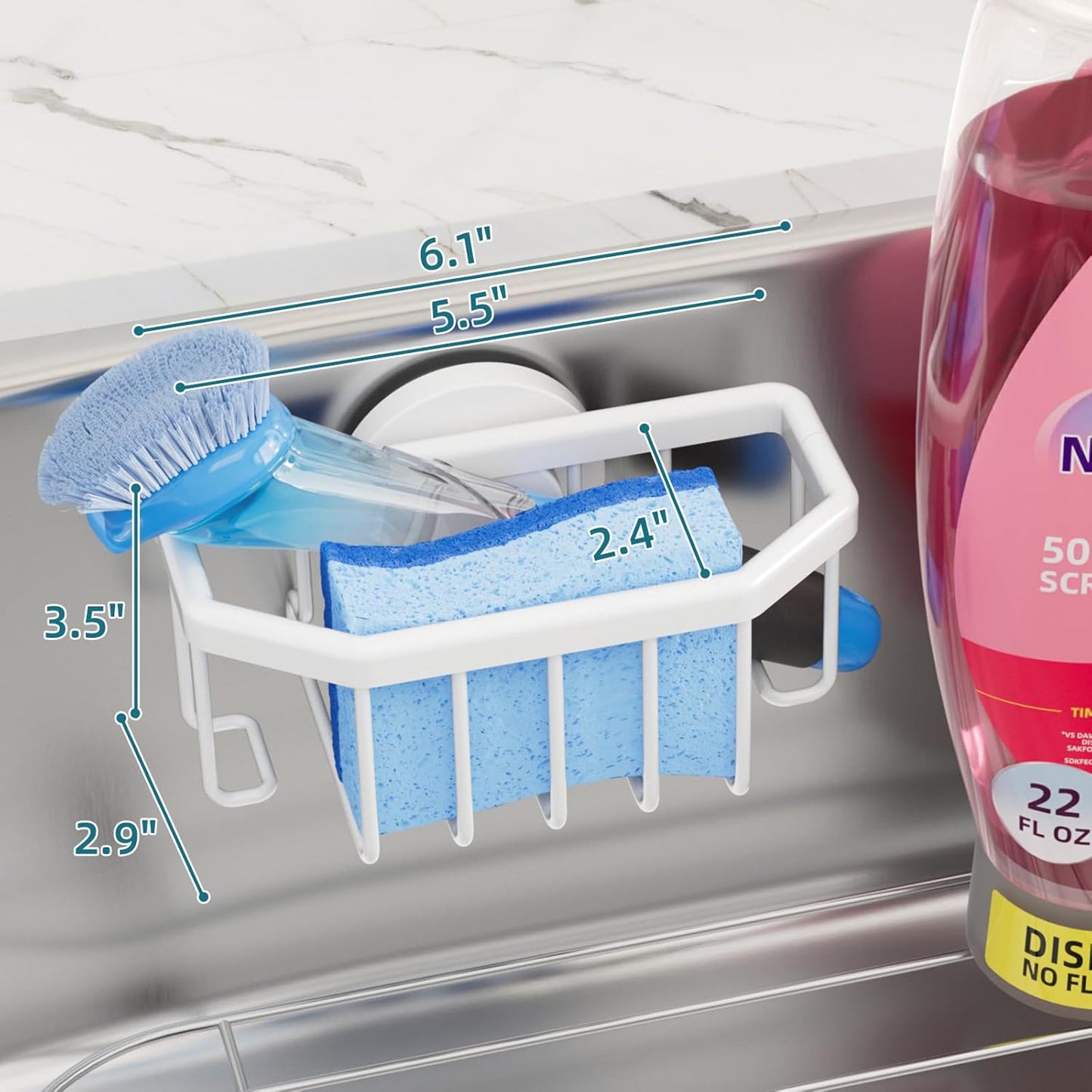 TAILI 4-in-1 Sink Caddy with Strong Suction Cup, Sponge Holder for Kitchen Sink Organizer, Removable, Rustproof, Stainless Steel Holder for Sponge, Brush, Scrubber, Scraper - Silver