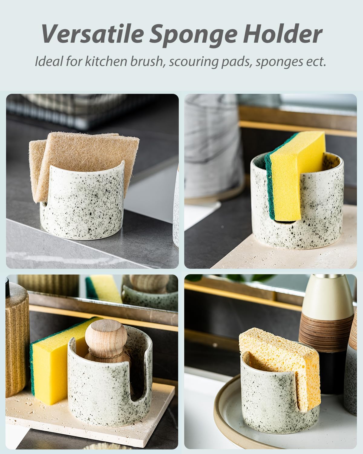 Zoeeker Sponge Holder for Kitchen Sink, Ceramic Dish Sponge Dish Rack Scrubby Caddy Kitchen Organizer Cute Sink Caddy Organizer, Farmhouse Decor, Speckled Glaze