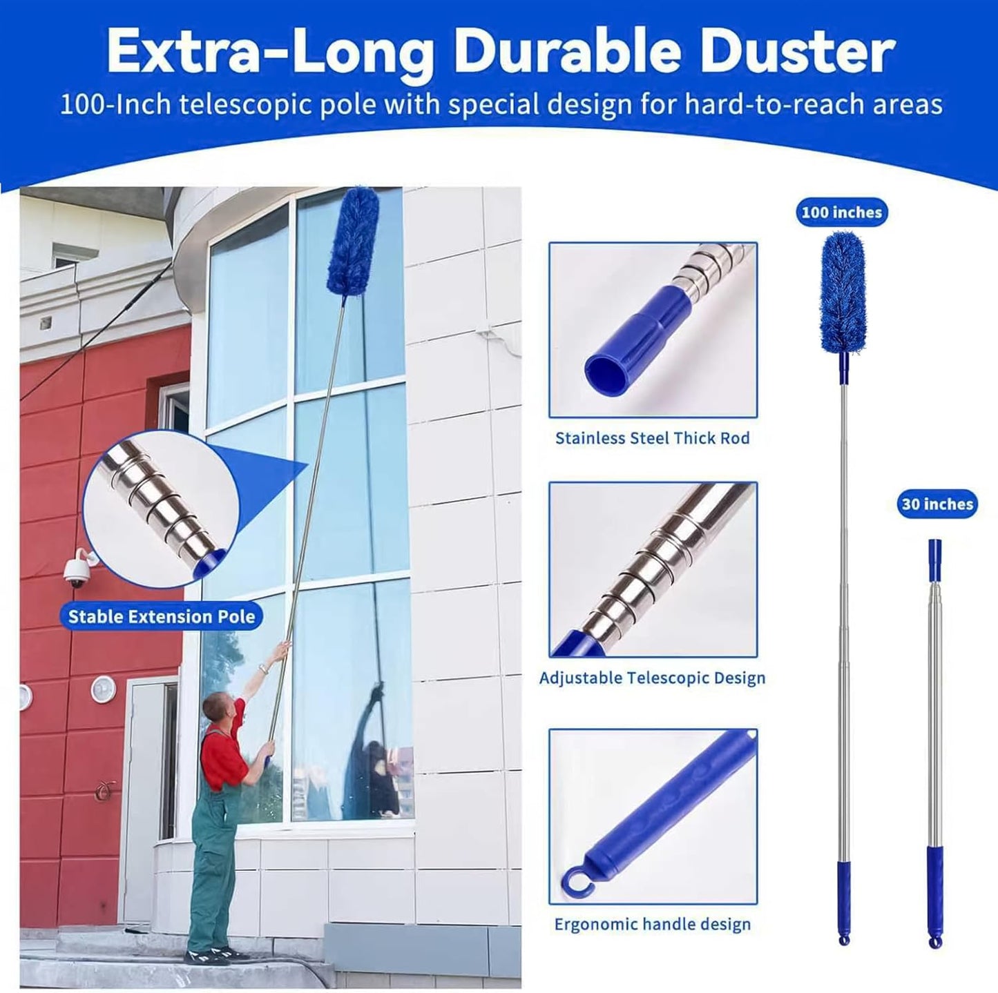 Dusters 6-in-1 Kit, Duster with Extension Pole 100 Inches, Dusters for Cleaning, Cobweb Duster, Microfiber Feather Gap Duster Cleaner for Fans, Blinds, Cars and Furniture