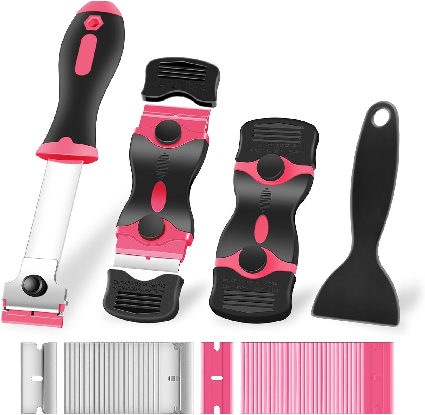 NECAMOCU 4 Pack Razor Blade Scraper, Premium Cleaning Scraper Tool with 50 PCS Metal & Plastic Razor Blades, Multi-Purpose Glass Scraper for Windows, Sticker, Decals, Cooktop, Paint Removal (Pink)