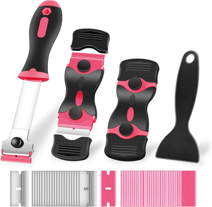 NECAMOCU 4 Pack Razor Blade Scraper, Premium Cleaning Scraper Tool with 50 PCS Metal & Plastic Razor Blades, Multi-Purpose Glass Scraper for Windows, Sticker, Decals, Cooktop, Paint Removal (Pink)