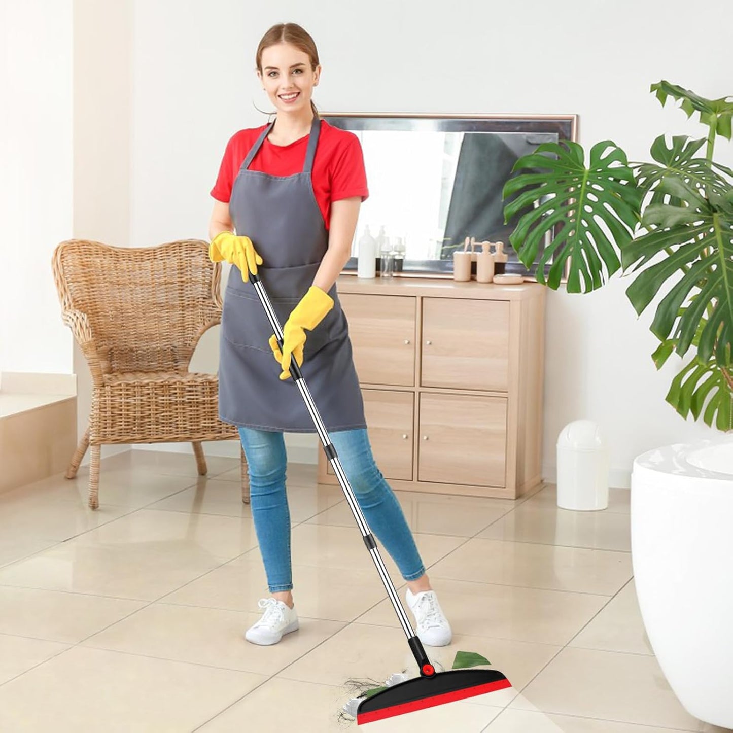 Multifunction Silicone Broom, 54 Inch Long Handle Silicone Floor Squeegee Broom, Sweep and Scrape 2 in 1 Household Cleaning Rubber Broom for Floor, Bathrooms, Kitchens, Showers, Tile, Pet Hair, Glass