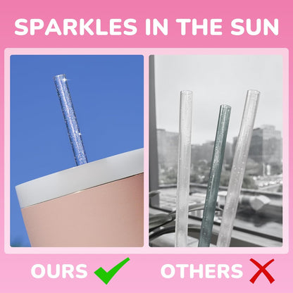 NiHome 12-Pack Glitter Replacement Straws for Stanley Tumbler 40OZ & 2 Cleaning Brushes Set, 12" Length BPA-Free Durable PETG Material for Various Beverages & Cups, Adds Sparkle to Your Drinks (Clear)