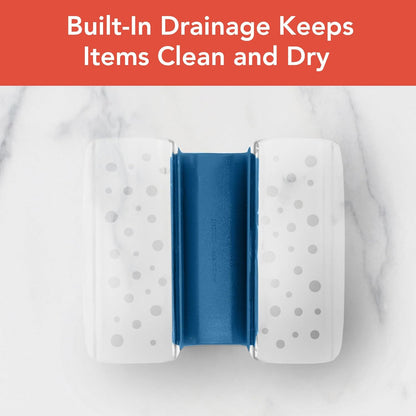 Spectrum Sink Saddle for Kitchen Sink Warm Gray Clear Sponge and Brush Holder Organizer, Dish Brush and Sponges Plastic Saddle Caddy for Double Sink Storage with Drain Holes for Quick Drying