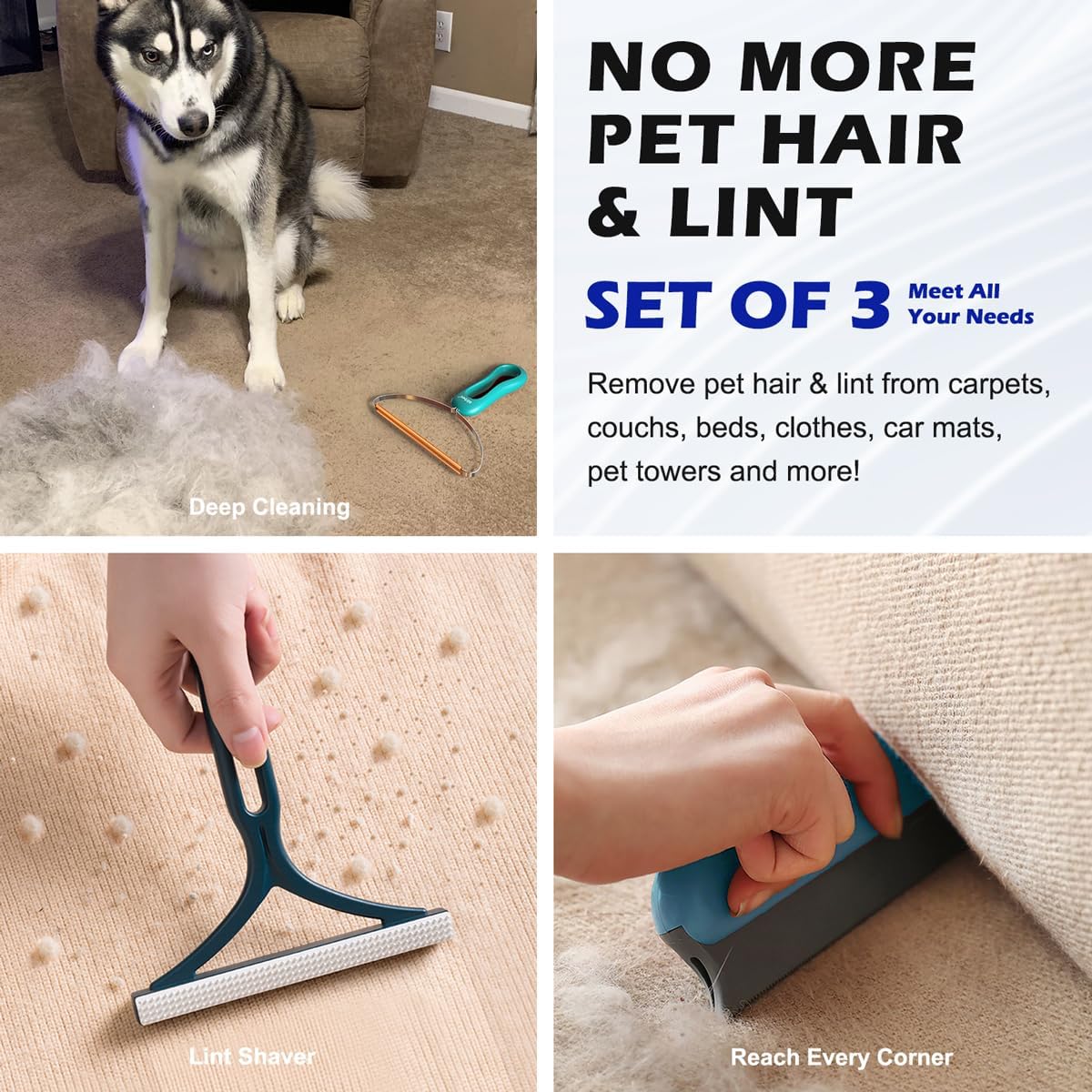 Pet Hair Remover 3-Pack, Dog Cat Hair Remover, Lint Shaver Cleaner Pro, Fur Removal Tool, Portable Carpet Scraper, Fuzz Rollers Hairball Brush for Carpets, Clothes, Car Mats, Couch, Pet Bed, Furniture