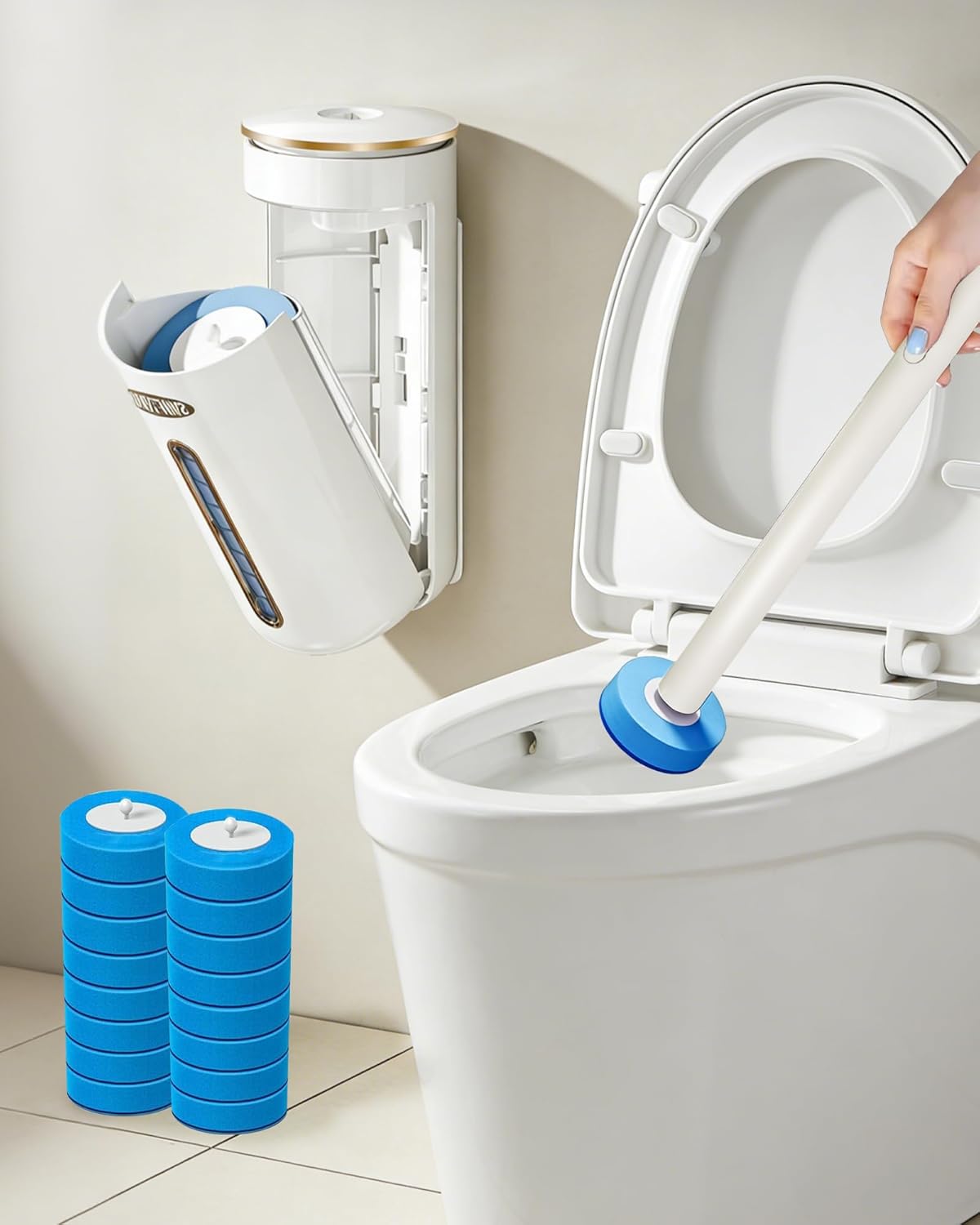 Disposable Toilet Cleaning System, Toilet Bowl Cleaner Wand and 8 Refills, Toilet Brush and Holder Set(Wall Mounted), Bathroom and Toilet Cleaning Scrubber Kit