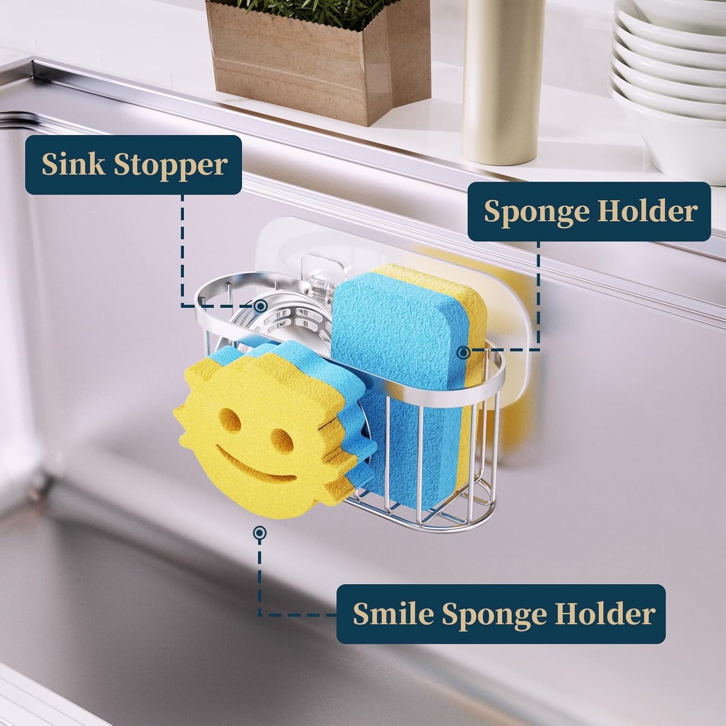 Consumest Sponge Holder Sink Caddy - Ladder Shaped Sponge Holder for Kitchen Sink with 2 Installation Ways (Suction Cups & Adhesive Hook), Rustproof Stainless Steel Kitchen Organizer, Silver