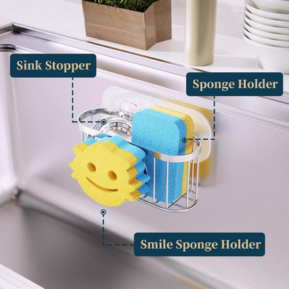 Consumest Sponge Holder Sink Caddy - Ladder Shaped Sponge Holder for Kitchen Sink with 2 Installation Ways (Suction Cups & Adhesive Hook), Rustproof Stainless Steel Kitchen Organizer, Silver