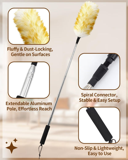 Extendable Ostrich Feather Duster with Bonus Wool Feather Duster Head - Natural Fluffy Non-Slip Handle Feathers Dusters for Cleaning Ceiling Fans, Blinds, Roof Dusting, High Surfaces (18-48 in)