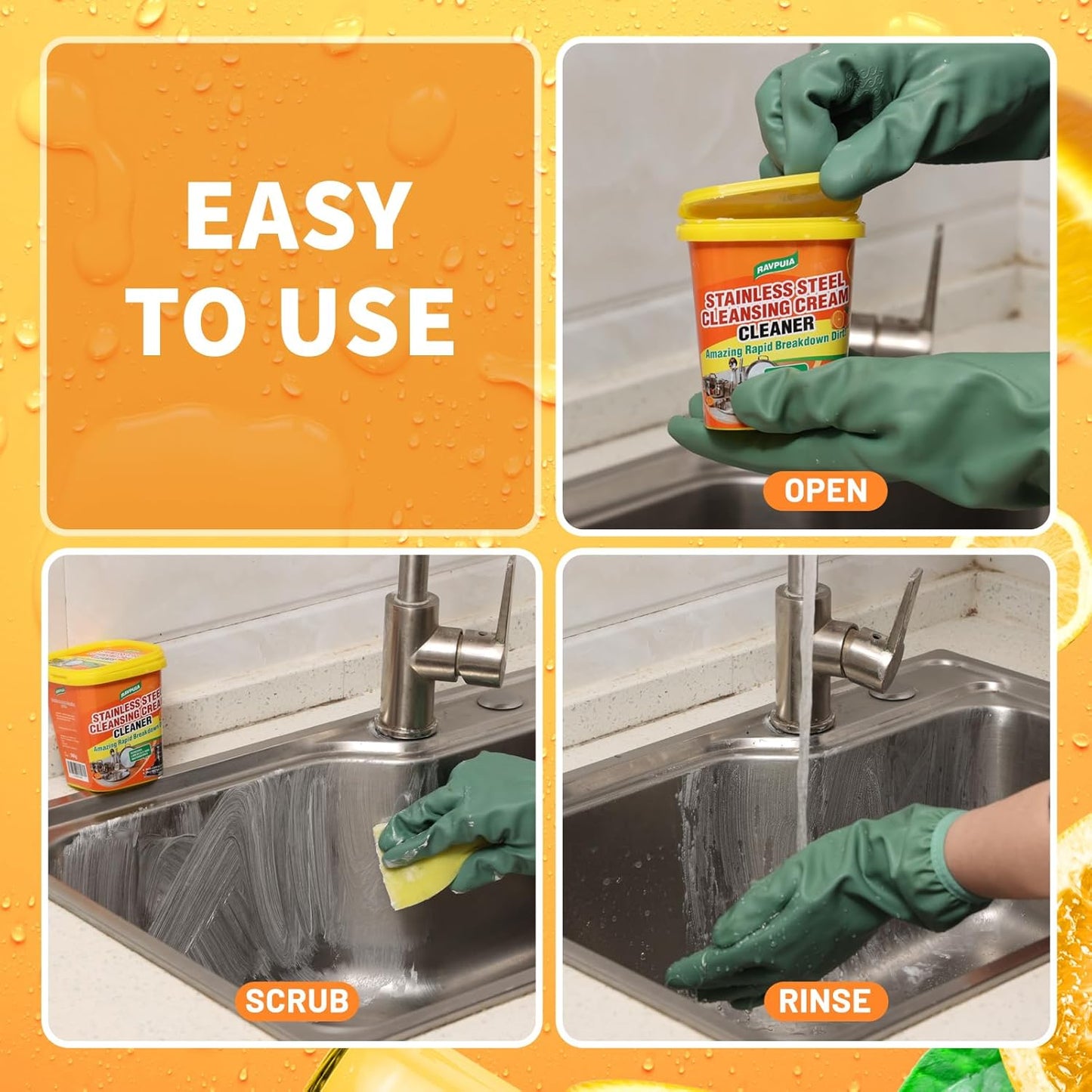 STAINLESS STEEL CLEANER & POLISH - Heavy Duty Cleaning Paste for Stove, Oven, Pans, Cookware, Sink | All Purpose Multi-Purpose Household Cleaner | Removes Grease & Stains | with 2 Sponges (500g)