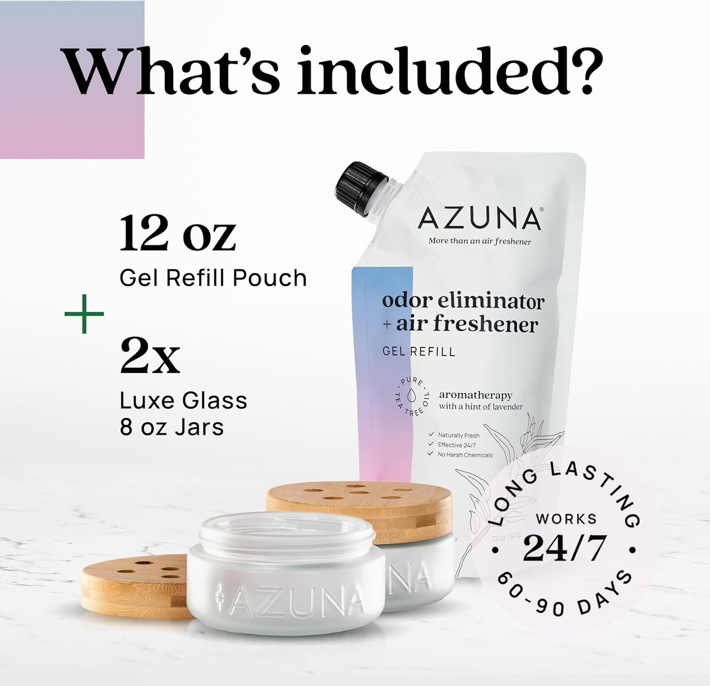 Azuna Air Freshener & Odor Eliminator for Strong Odor | 2 Room Kit Includes (2) 8 oz. Empty Luxe Glass Jars & 12 oz | Refill with Tea Tree Essential Oil Gel | Amalfi Breeze | Last 60-90 Days