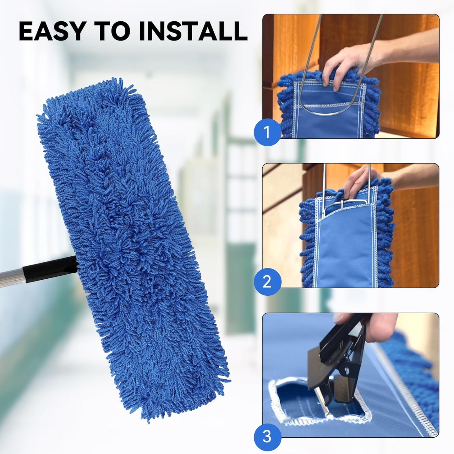 3 Pack 24 Inch Microfiber Dust Mop Head, Medium Washable Commercial Sweeper and Janitorial, Blue