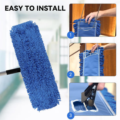 3 Pack 24 Inch Microfiber Dust Mop Head, Medium Washable Commercial Sweeper and Janitorial, Blue