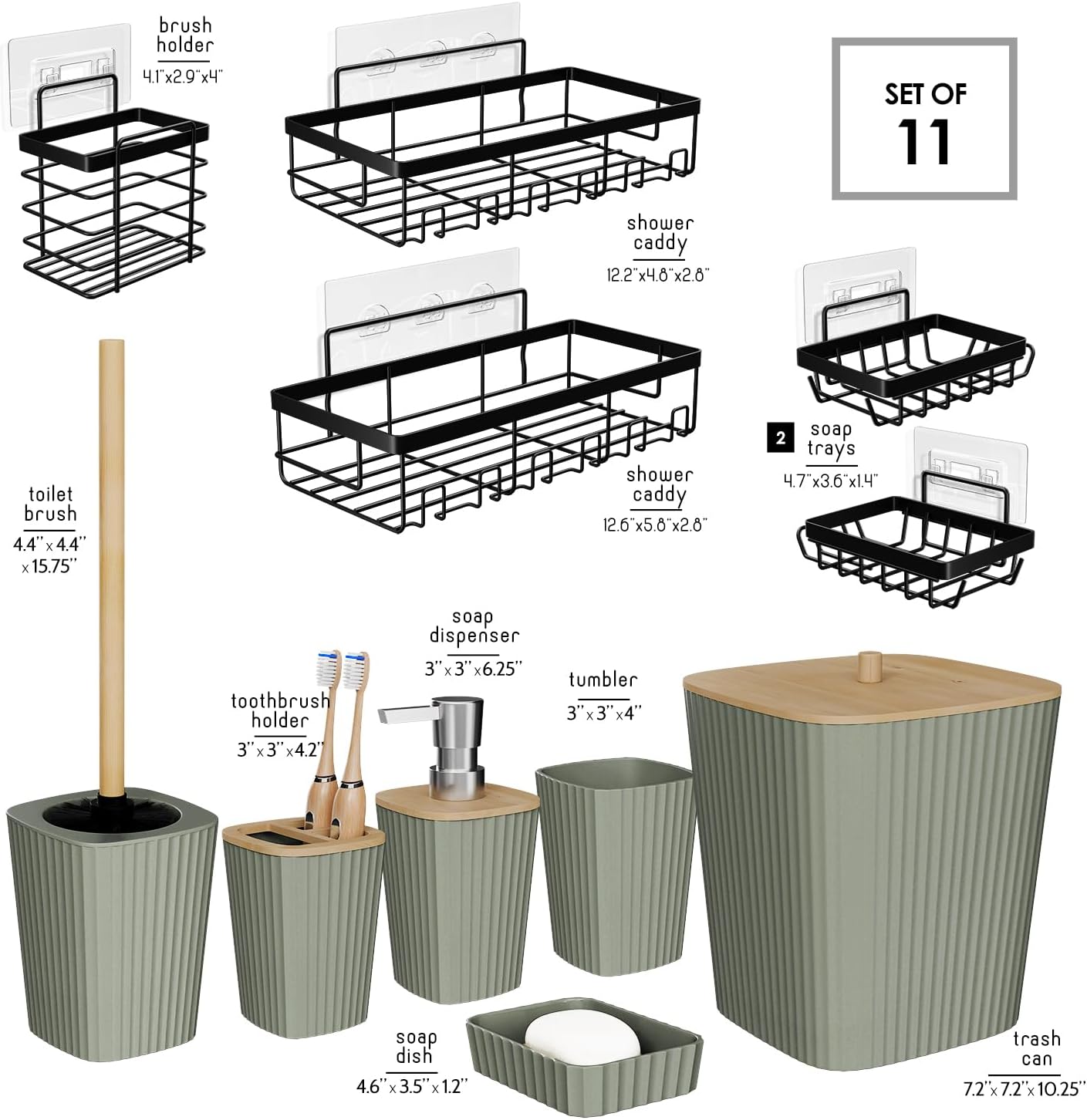 Clara Clark Bathroom Set - Sage Green Bathroom Accessories Set, 6PC Bathroom Accessory Set, Bathroom Sets with Toilet Brush, Trash Can & Soap Dispenser