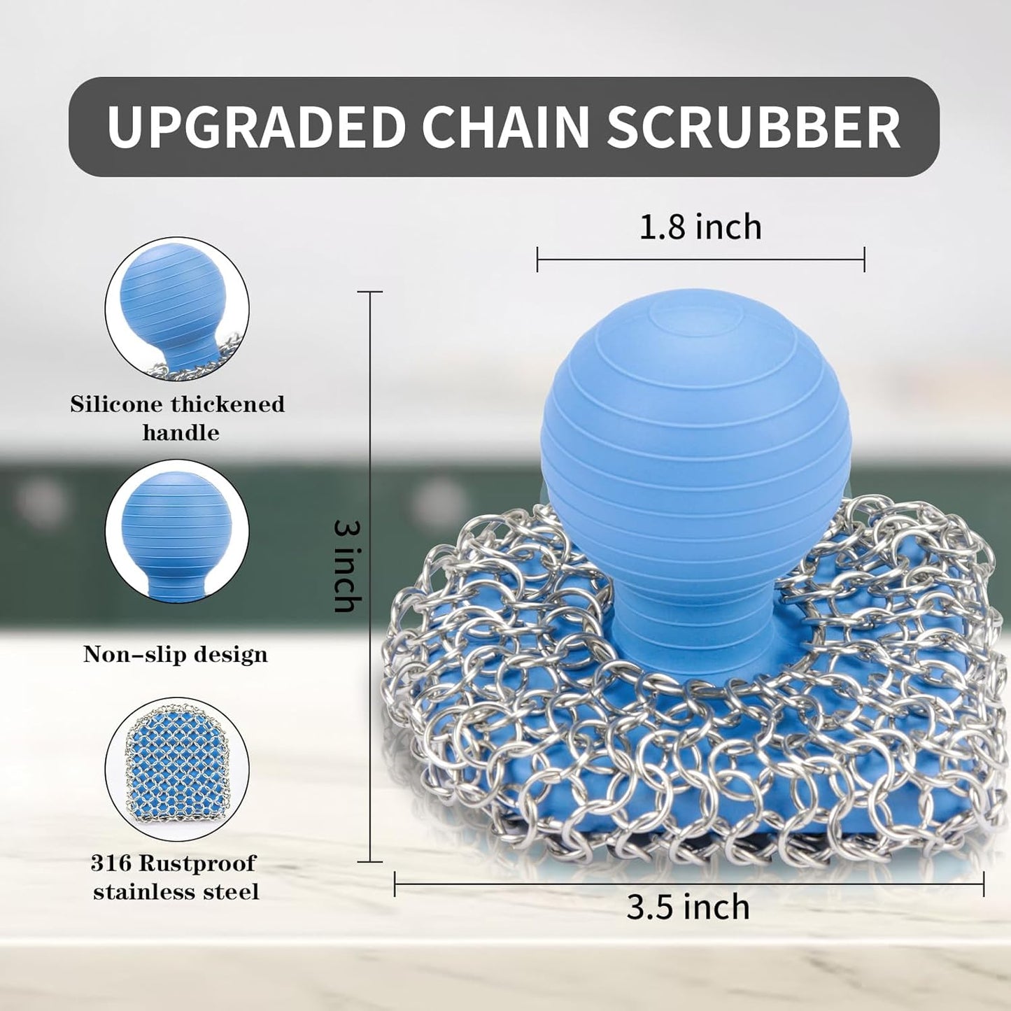 Cast Iron Scrubber with Pan Scraper, 316 Chainmail Scrubber, Upgraded Chain Mail Scrubber Sponge, Cast Iron Cleaner for Pan Skillet Wok Carbon Steel, Dutch Oven Metal Brush Cleaning Kit, Black