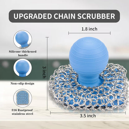 Cast Iron Scrubber with Pan Scraper, 316 Chainmail Scrubber, Upgraded Chain Mail Scrubber Sponge, Cast Iron Cleaner for Pan Skillet Wok Carbon Steel, Dutch Oven Metal Brush Cleaning Kit, Black