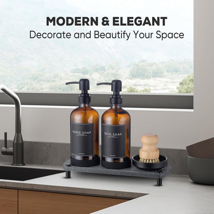 Kitchen Soap Dispenser Set with Instant Dry Tray,16 Oz Hand and Dish Soap Black Glass Dispenser Set,Stainless Steel Pump,Waterproof Labels&Dish Brush,Luxury Soap Bottle for Kitchen,Bathroom