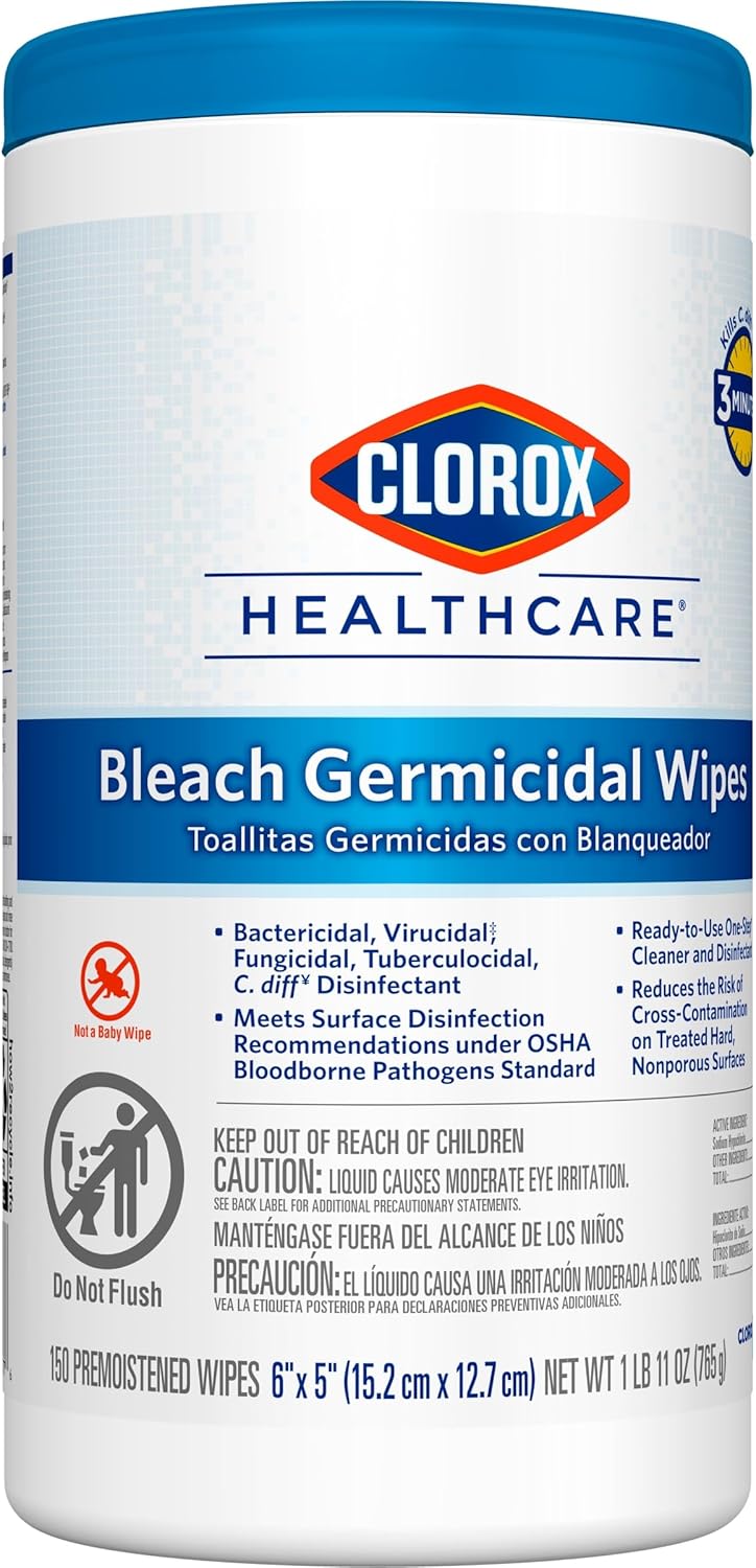 Clorox Healthcare Bleach Germicidal Wipes, 6" x 5", 150 Count Canister (Package May Vary)