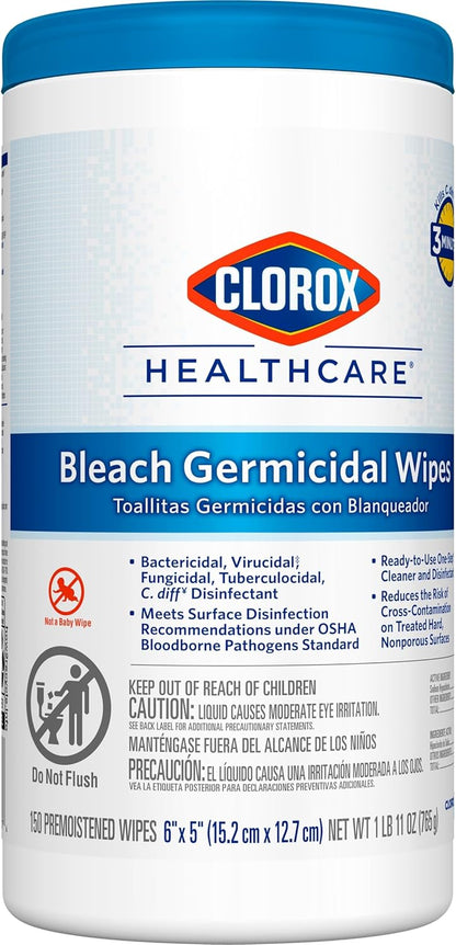 Clorox Healthcare Bleach Germicidal Wipes, 6" x 5", 150 Count Canister (Package May Vary)