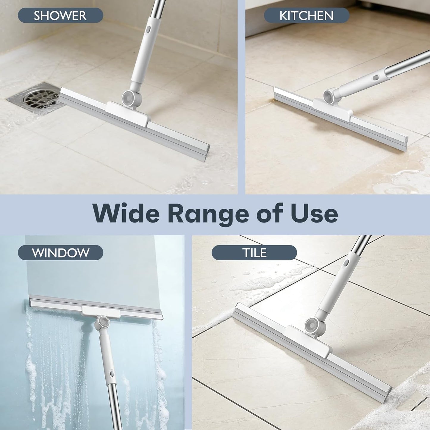 nacena Floor Squeegee, 52-in Adjustable Long Handle Squeegee for Floor Water Removal 180° Rotatable Head Squeegee Broom for Cleaning Window Shower Glass Tile Garage Concrete Pet Hairs, Grey&White