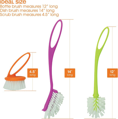 Casabella Loop 3-Piece Dish Brush Set - 15519AZ(Colors May Vary), Red Yellow Purple