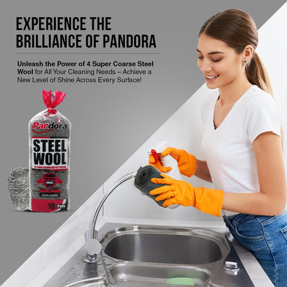 Pandora Steel Wool #2 – Coarse Grade, 16 Pads for Cleaning and Removing - Quality Metal Strands - Ideal to Remove Floor Scuff Marks and Old Wax