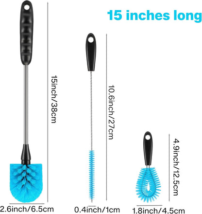 3-in-1 Water Bottle Cleaning Set: 15" Long Handle Brush, Straw Cleaner & Detail Scrubber - Professional Household Scrubber for Daily Kitchen Cleaning & Travel Mugs