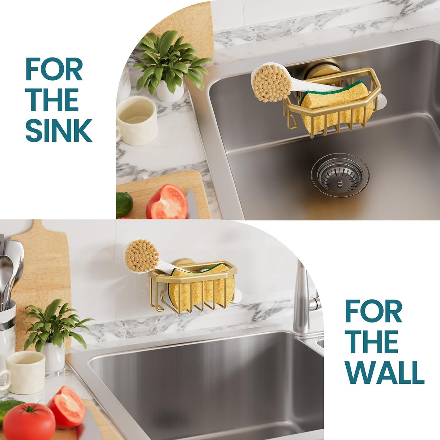TAILI Sponge Holder for Kitchen Sink with Strong Suction Cup, Rustproof Aluminum Sink Caddy for Sponges, Removable Sponge Holder, Dish Brush for Scraper - Silver