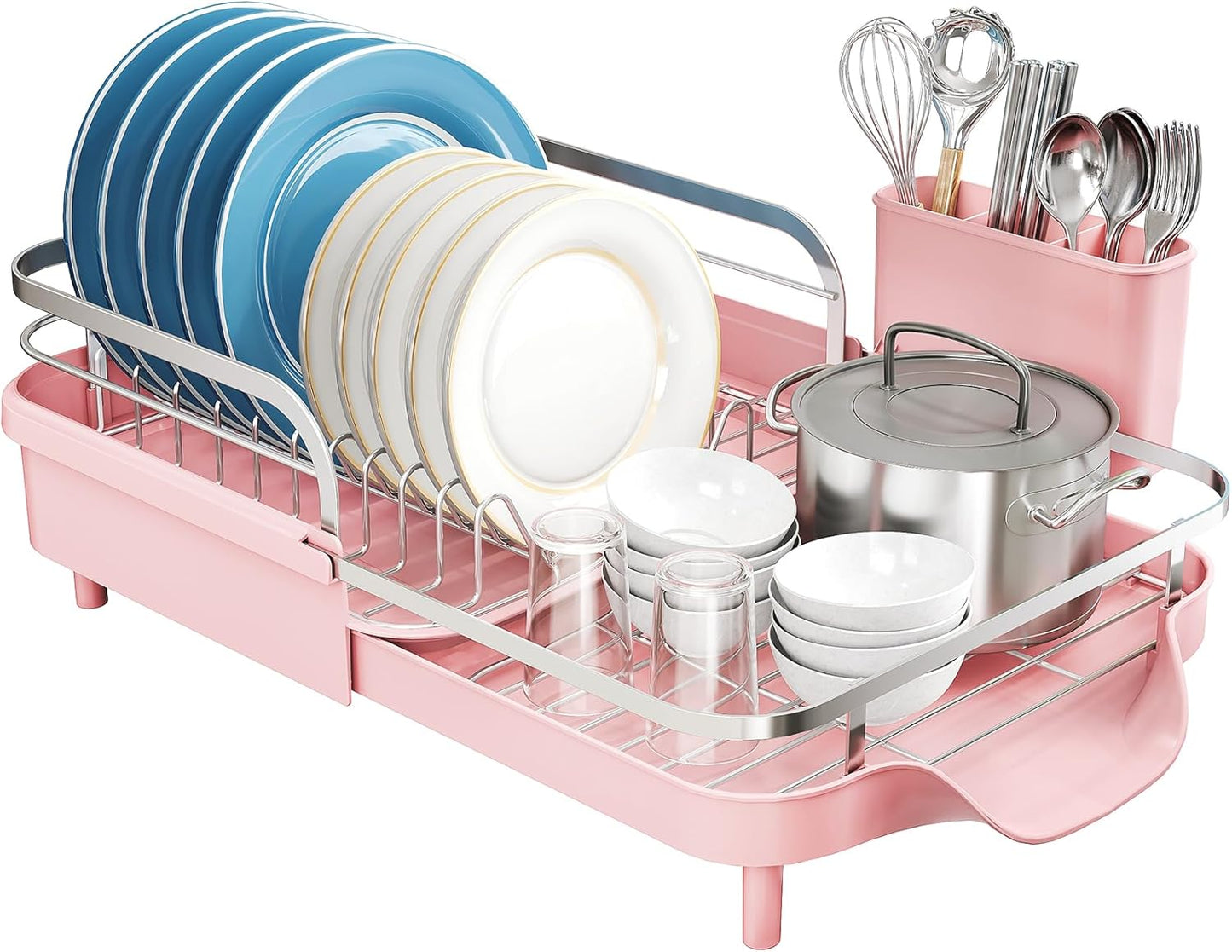 SNTD Dish Drying Rack, Expandable Dish Rack for Kitchen Counter, Stainless Steel Dish Drainer with Drainboard Set and Utensil Holder (Black)