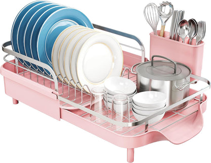 SNTD Dish Drying Rack, Expandable Dish Rack for Kitchen Counter, Stainless Steel Dish Drainer with Drainboard Set and Utensil Holder (Black)