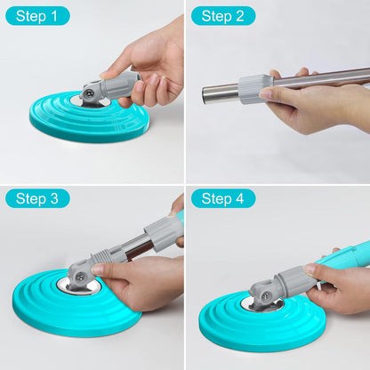 Stainless Steel Extendable Mop Handle with 2 Microfiber Replacement Heads & 360° Rotating Base Plate — Fits Standard Mop Buckets -White