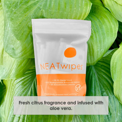 NEATwipes Hand Sanitizing Wipes | Travel Size | Disposable Wet Wipe & Planet Friendly | Lavender Essential Oil & Soothing Aloe | 24 Individually Wrapped Wipes per Package